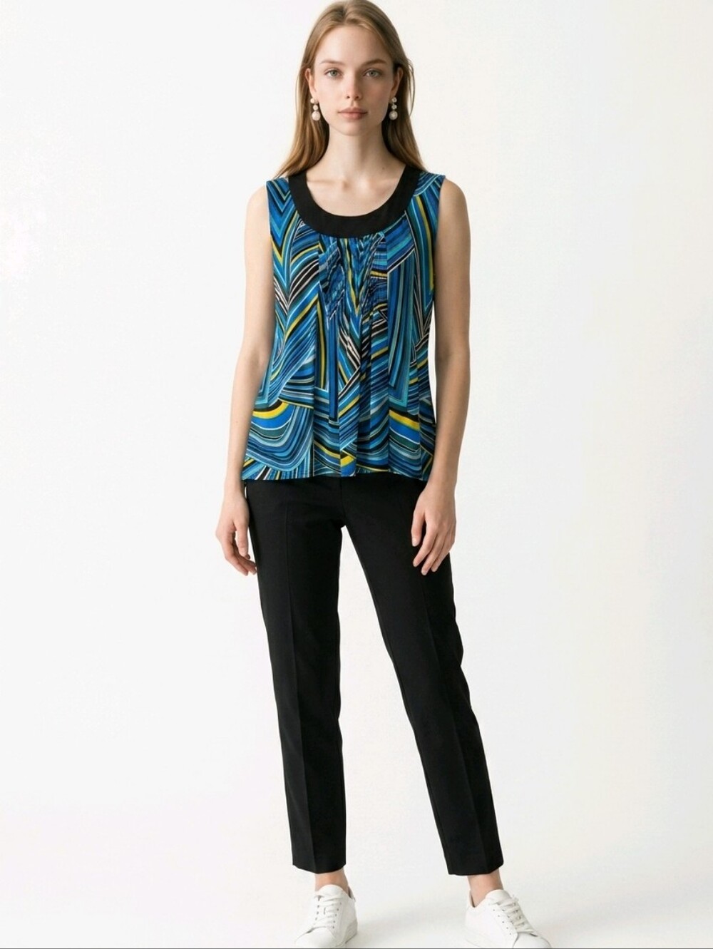 Sleeveless Blue Geometric Print Top with Black Trim